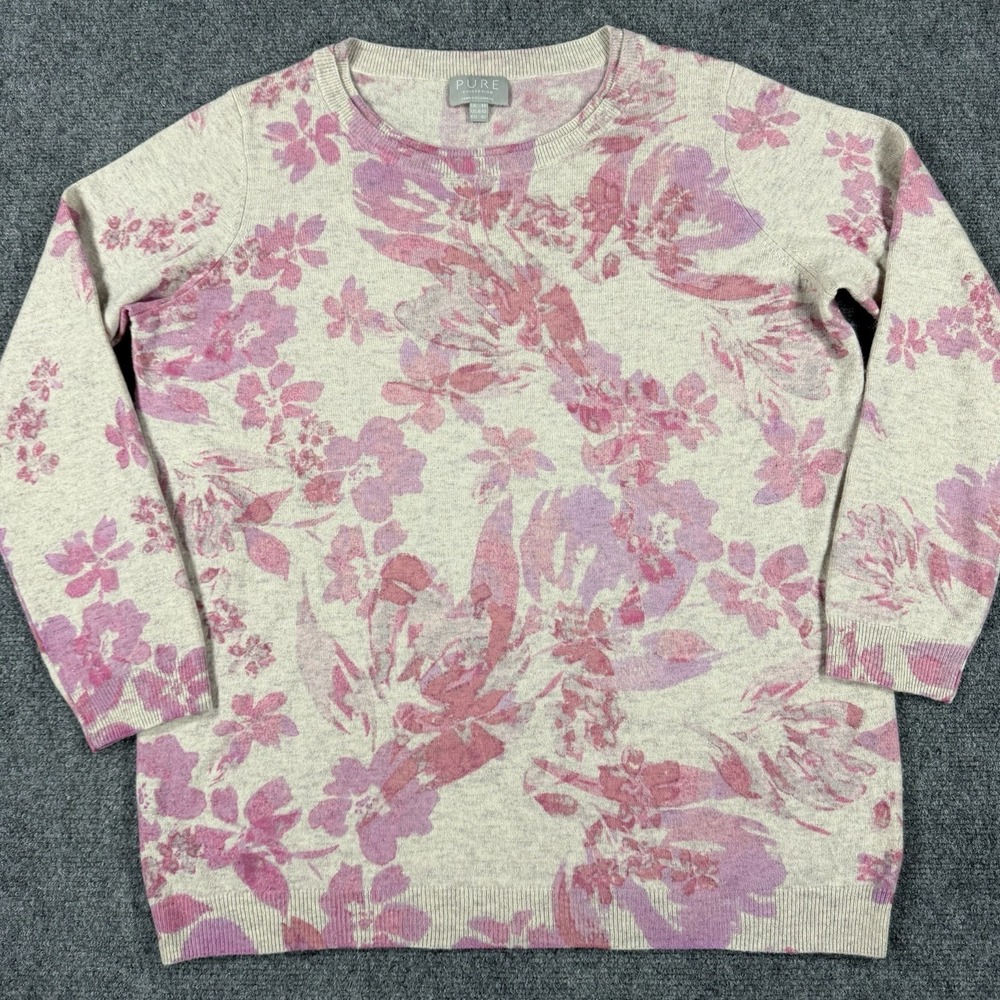Pure Collection Cashmere Sweater Womens 8/10‎ Pink Floral Knit Pullover Jumper